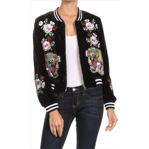 Fashion Tiger Embroidery Bomber Jacket Dark Green Velour Small